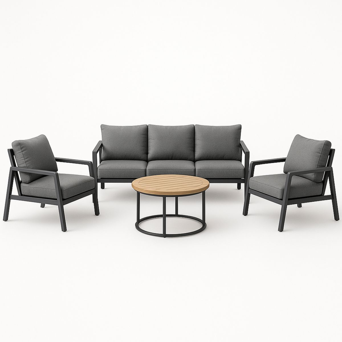 Conjunto de Sofás de Jardim em Alumínio com Almofadas de Poliéster Cinza e Mesa Redonda em Madeira