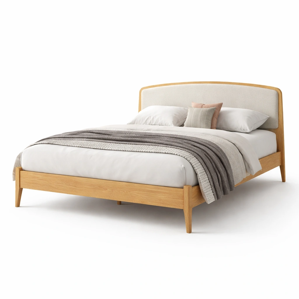 Bett Holz Natur mit Kopfteil und Regal LED-Frelvio