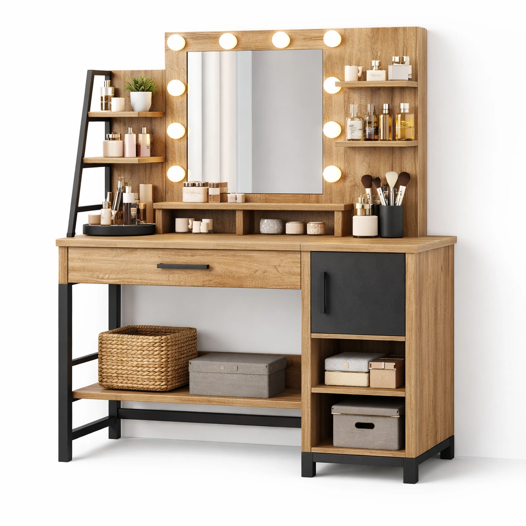 Schminktisch Rosa mit Spiegel und LED Modern-Frelvio