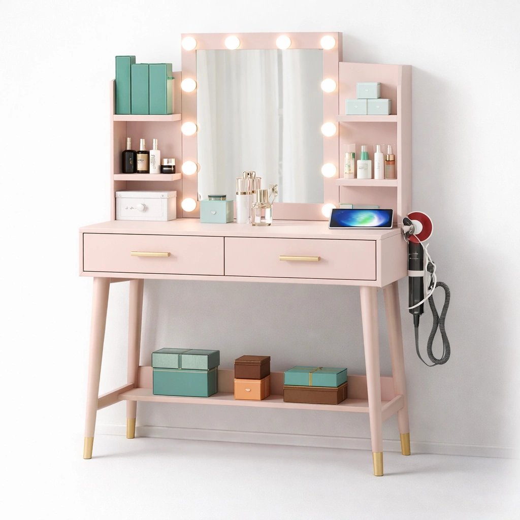 Schminktisch Beige mit LED Spiegel und Hocker Modern-Frelvio