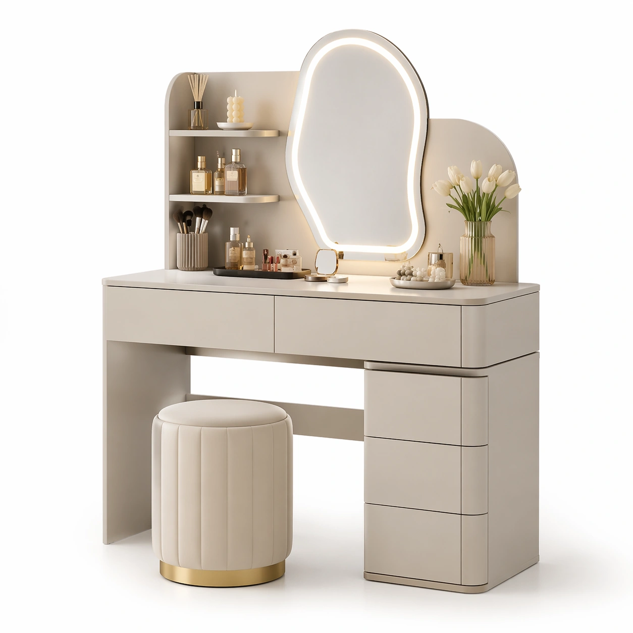 Schminktisch Beige Luxus mit Spiegel und Stauraum Modern-Frelvio