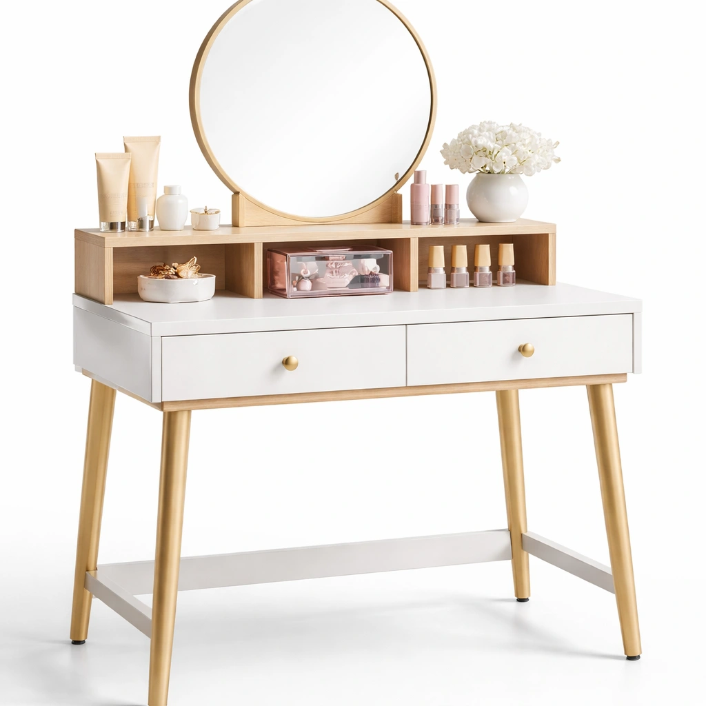 Schminktisch Weiss Holz mit Rundspiegel Modern Minimalistisch-Frelvio