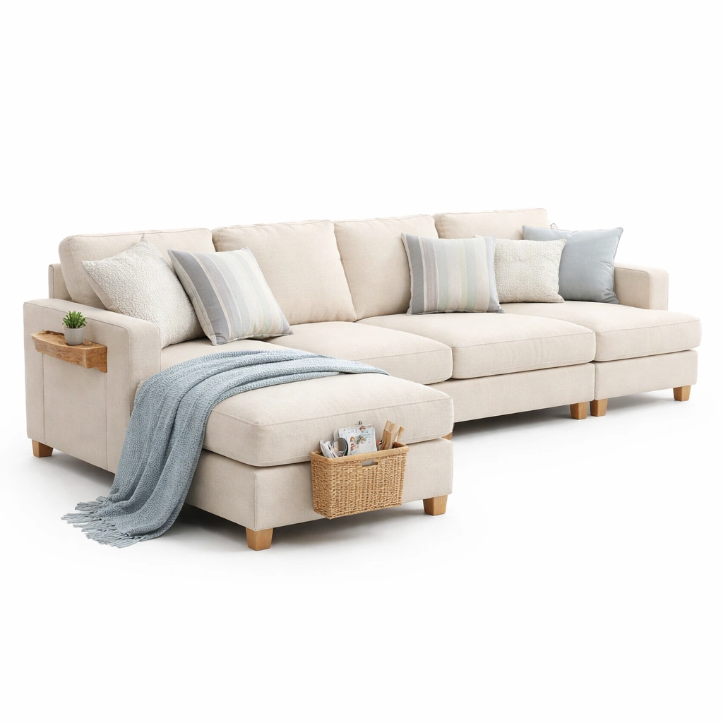 Ecksofa Stoff Beige mit Ablage und Stauraum-Tansoria
