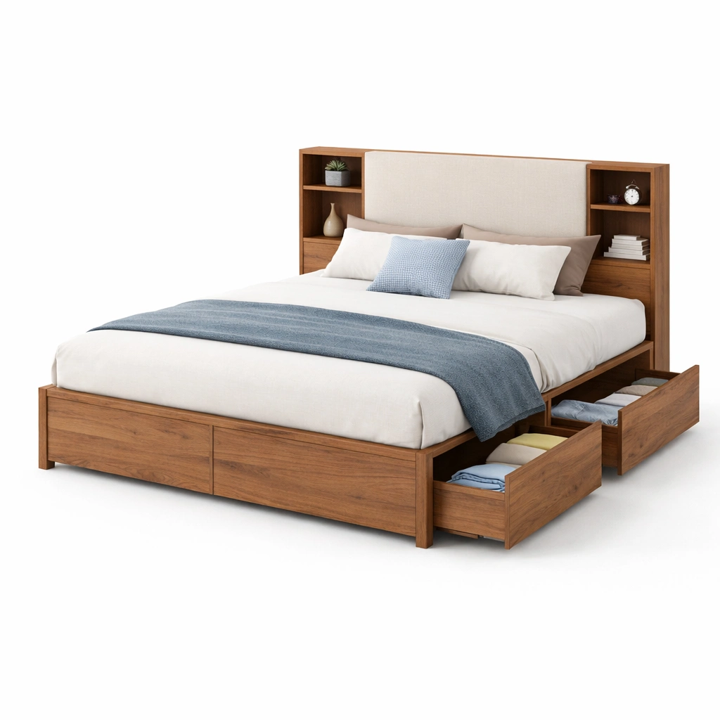 Bett Holz Natur mit Schubladen Funktional-Tansoria