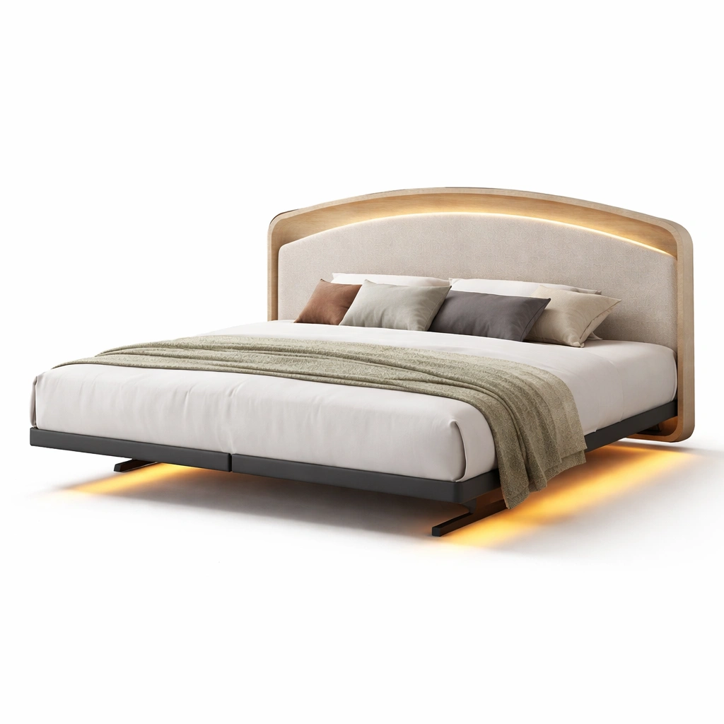 Designerbett Beige mit LED Beleuchtung-Tansoria
