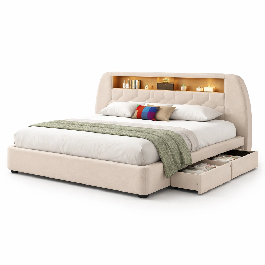 Polsterbett Beige mit Stauraum und Regal-Tansoria