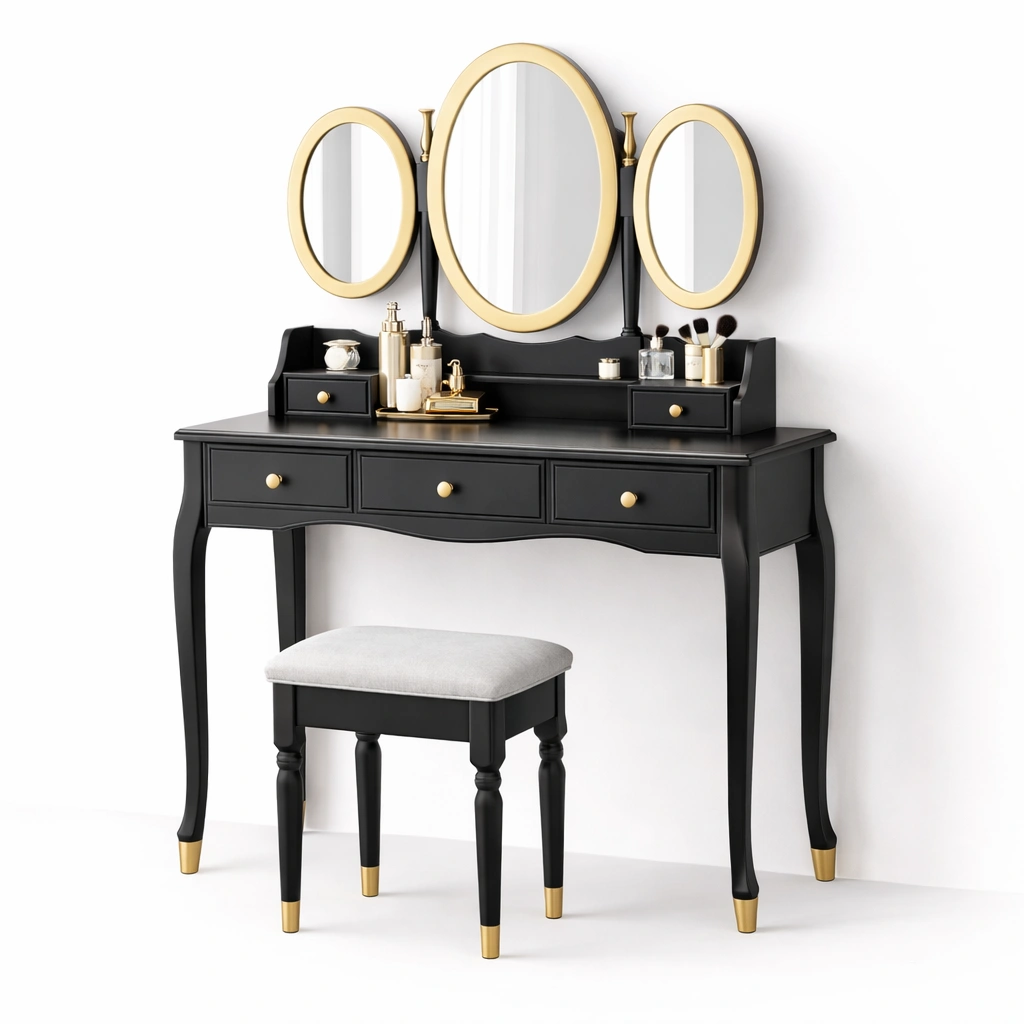 Schminktisch Schwarz Gold mit Spiegel Set-Tansoria