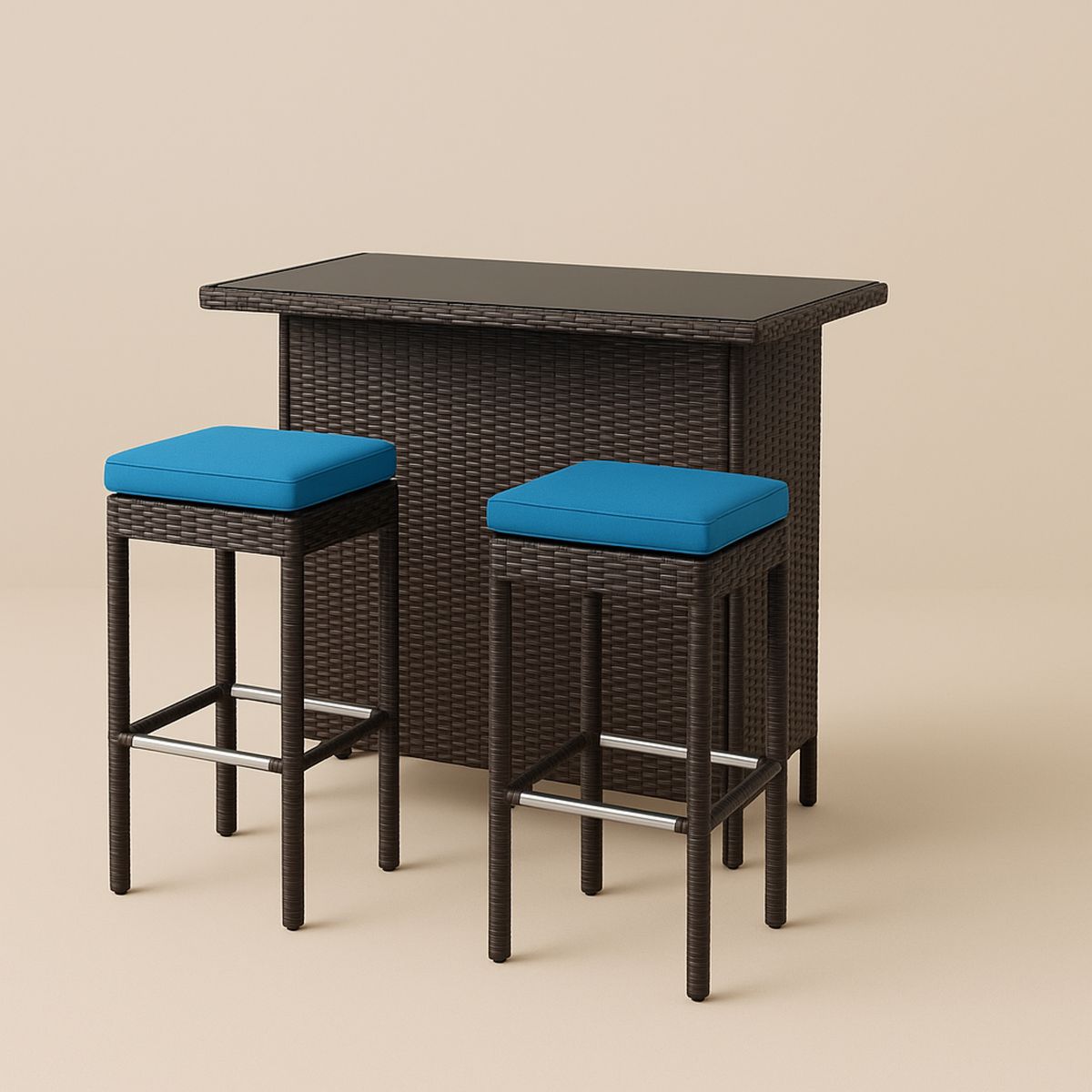 Conjunto de Mesa e Bancos de Bar em Vime com Almofadas Azuis