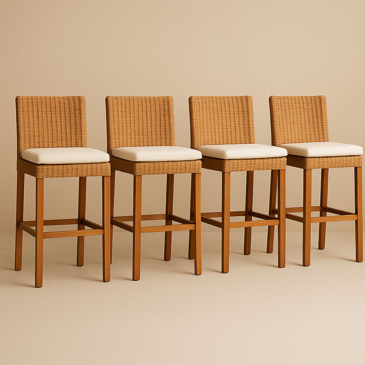 Conjunto de 4 Cadeiras de Bar em Rattan Sintético e Madeira com Assento Bege