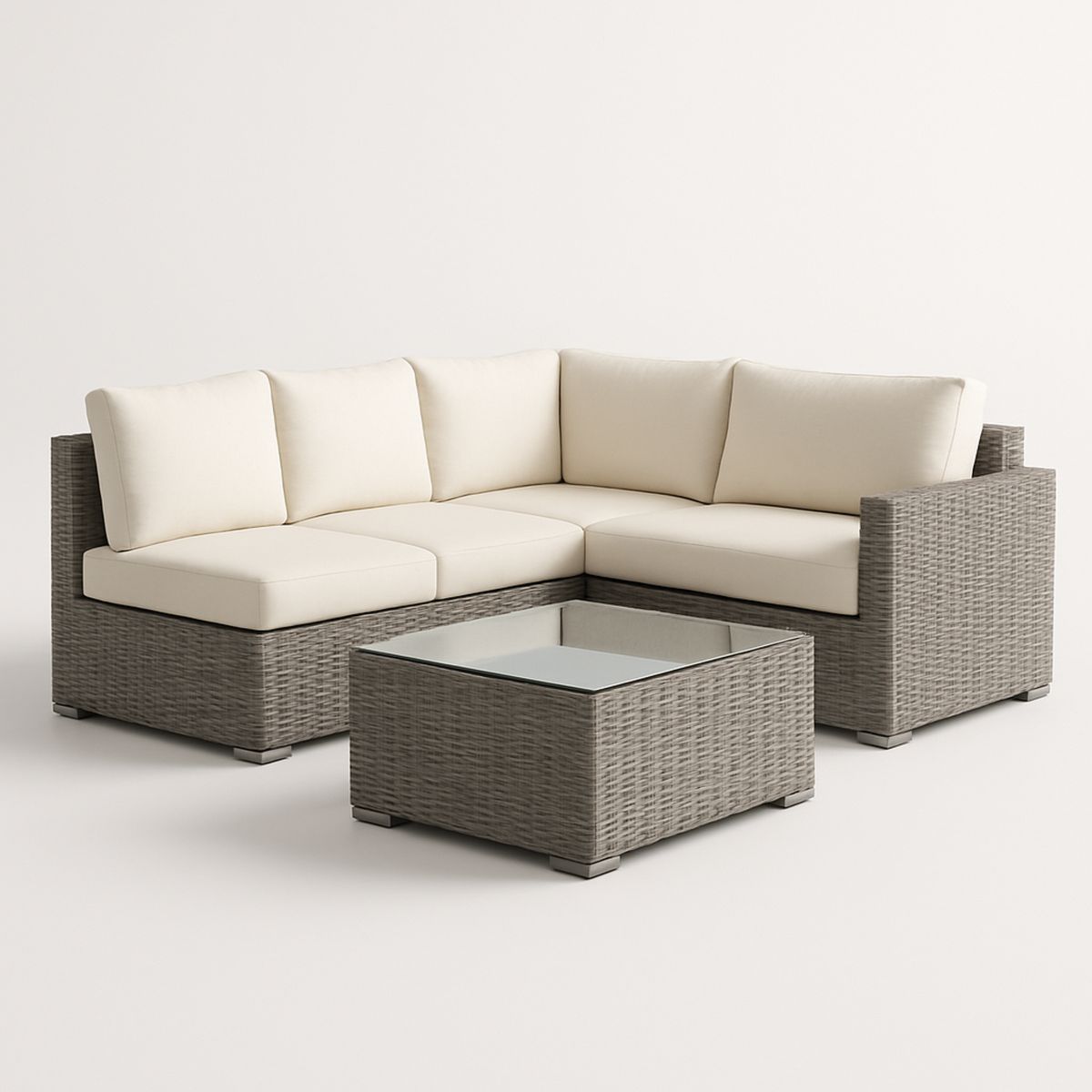 Conjunto de Sofá Modular de Canto em Vime Sintético com Almofadas Creme e Mesa de Centro com Vidro Temperado