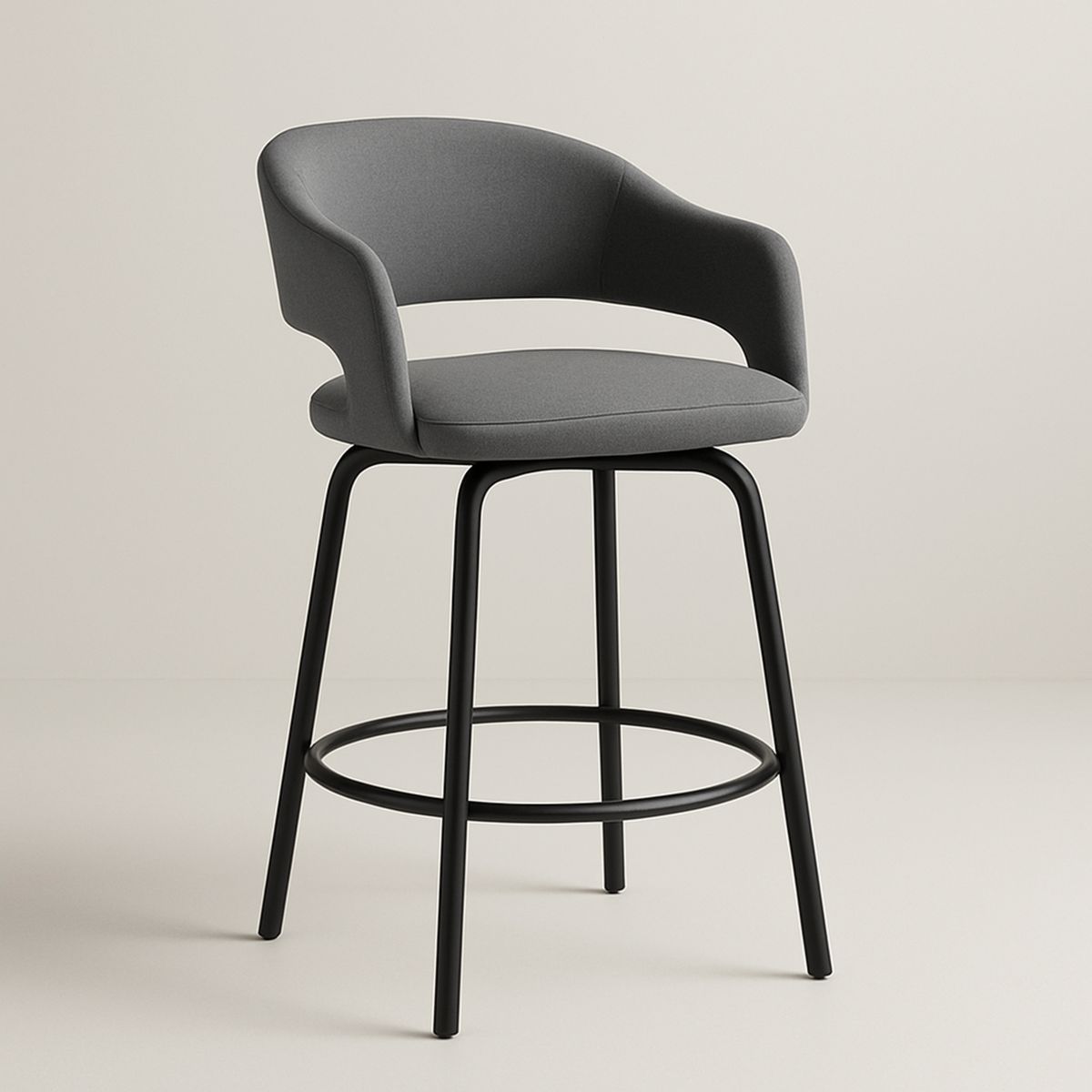 Banqueta com Estofado em Poliéster Cinza e Base de Metal Preto