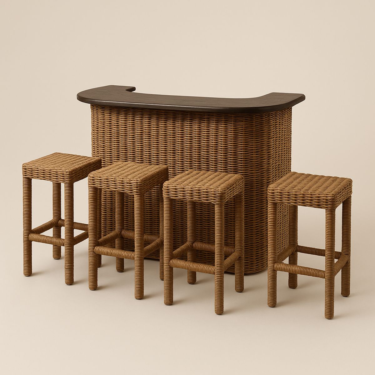 Conjunto de Bar com 4 Banquetas em Madeira e Vime