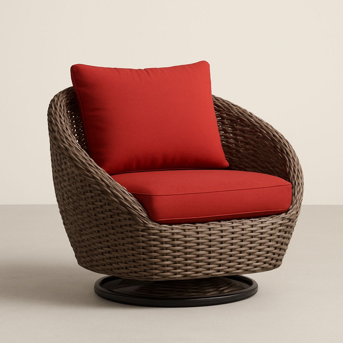 Poltrona Giratória para Exterior em Vime Sintético com Almofadas Vermelhas
