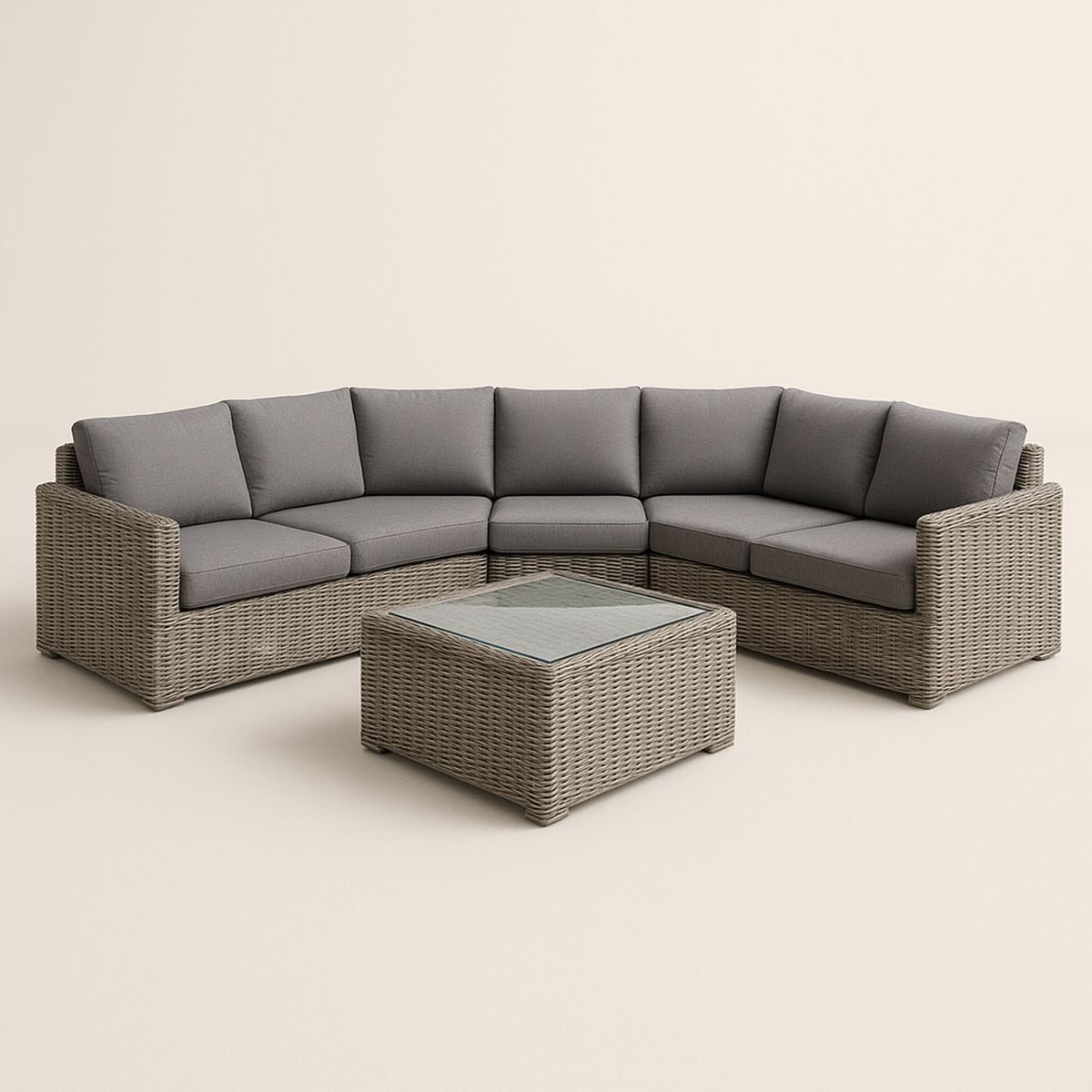 Conjunto Sofá Canto Seccional 5 Lugares em Rattan Sintético com Mesa de Centro em Vidro Temperado