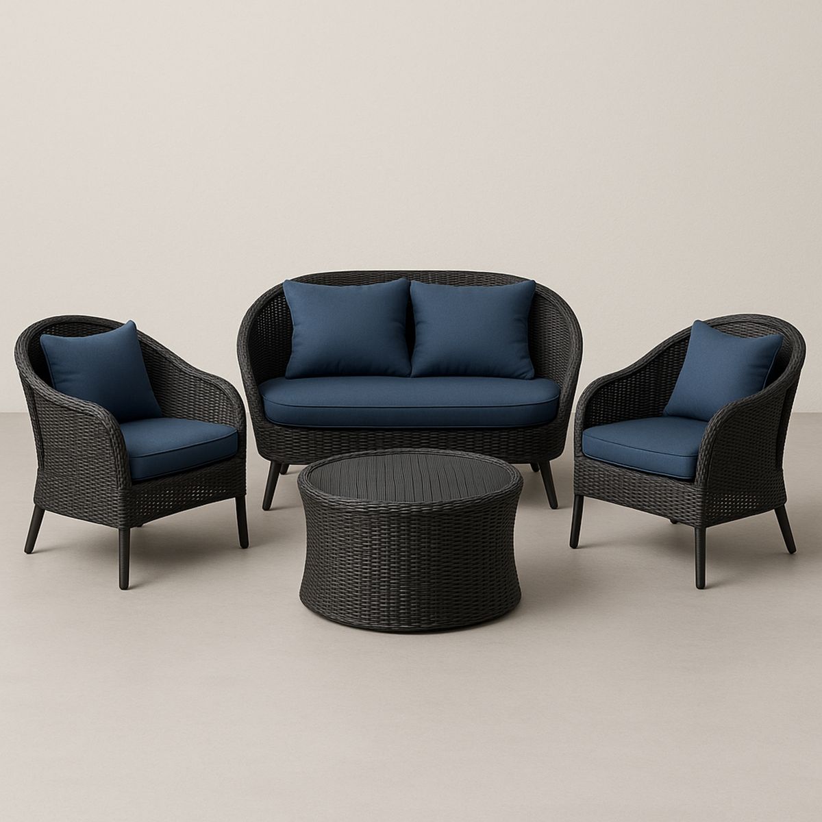 Conjunto de Móveis para Jardim em Fibra Sintética com Almofadas Azuis