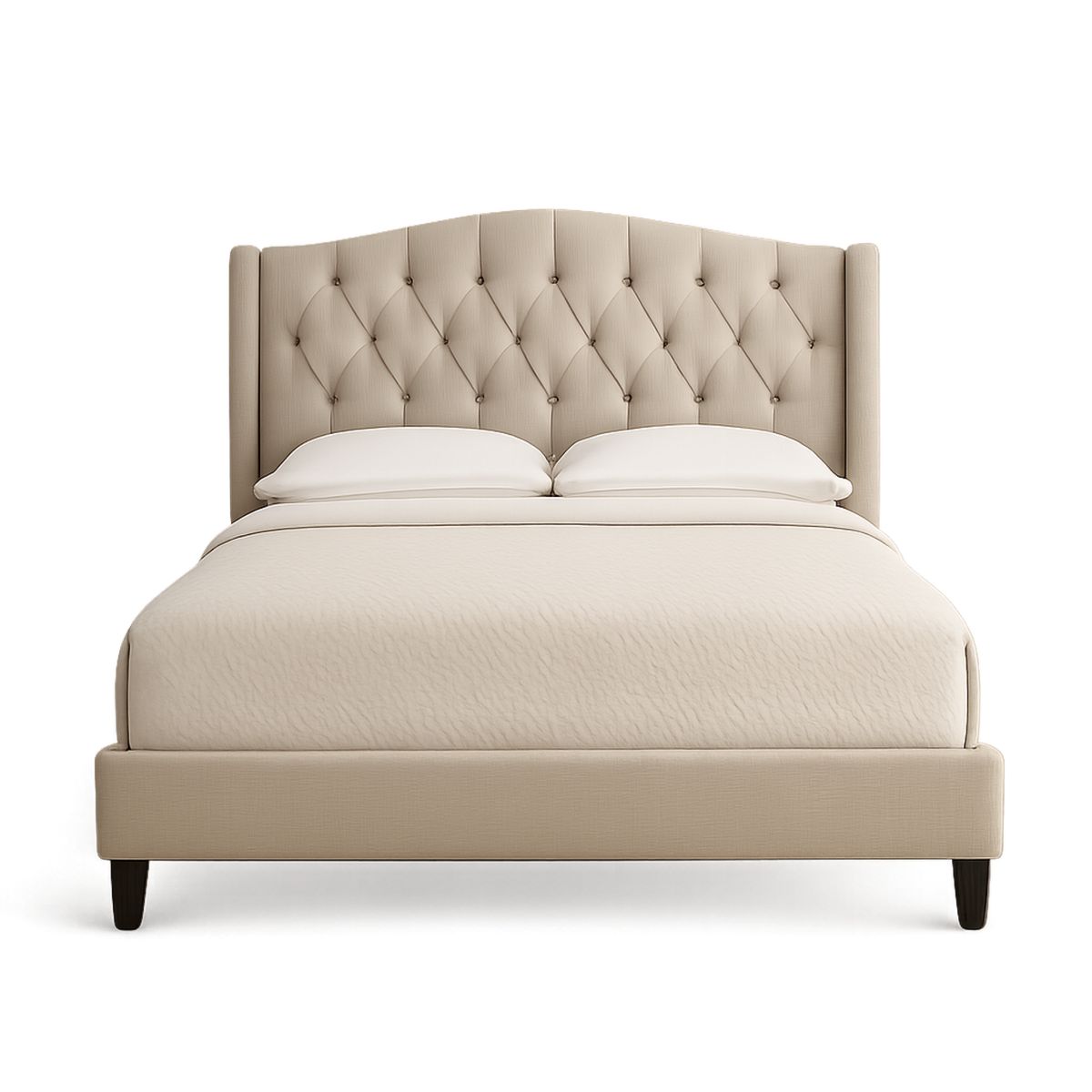 Cama Estofada King Tecido Poliester Bege com Cabeceira Capitonê