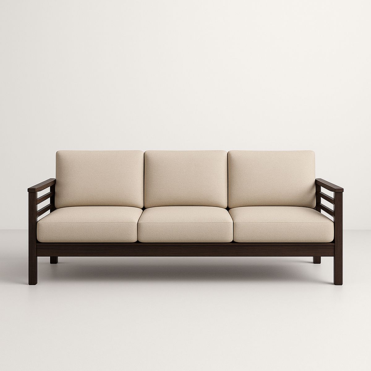 Sofá 3 Lugares Madeira e Tecido Bege 210cm