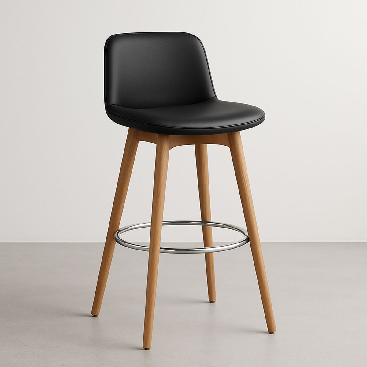 Banqueta Estofada PU Preto Pernas Madeira Altura 100cm