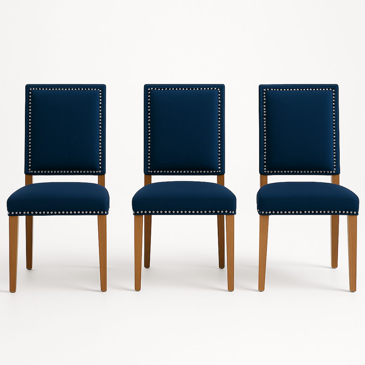 Conjunto de Três Cadeiras Azul com Estrutura de Madeira