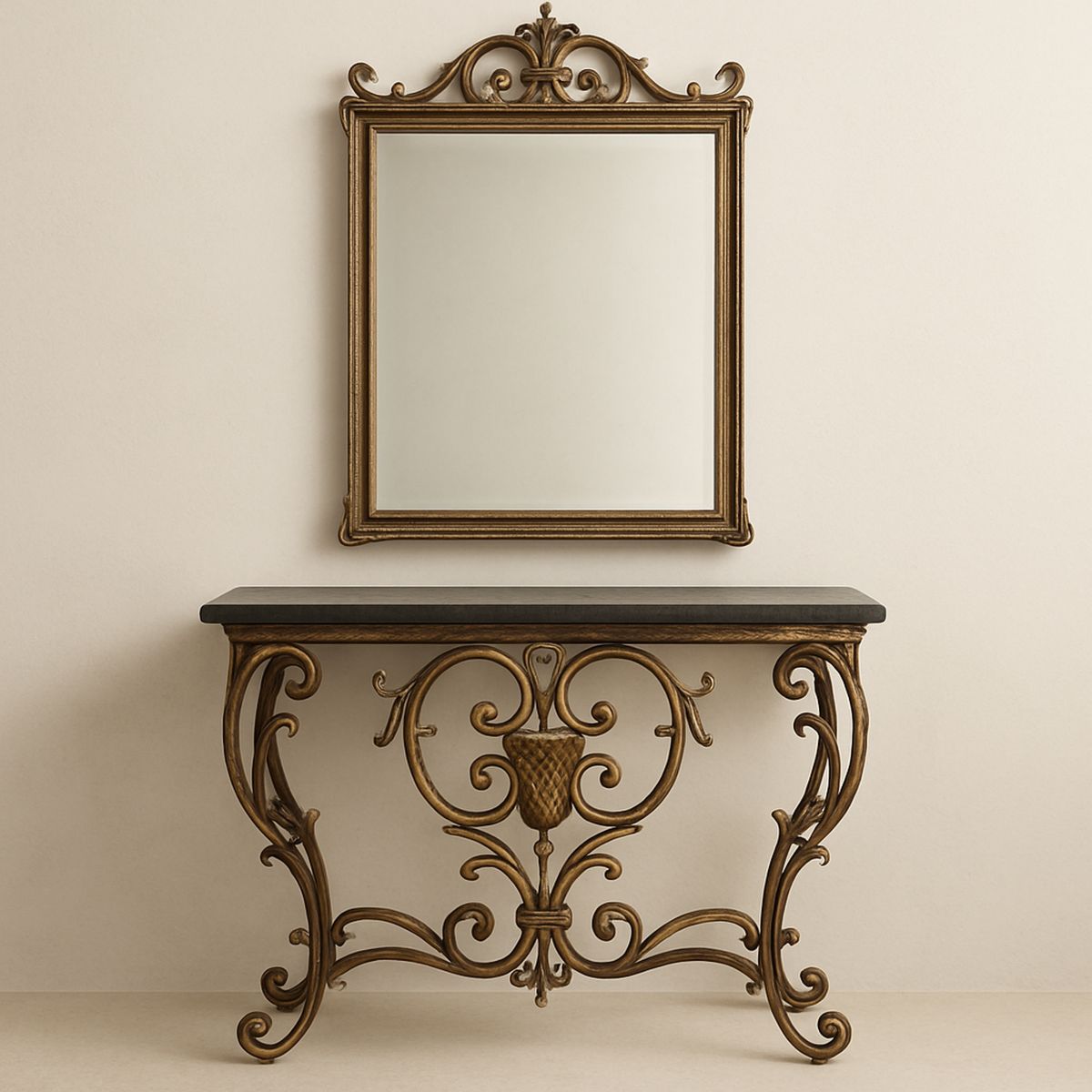 Conjunto Consola e Espelho Ferro Forjado com Madeira Dourado/Preto
