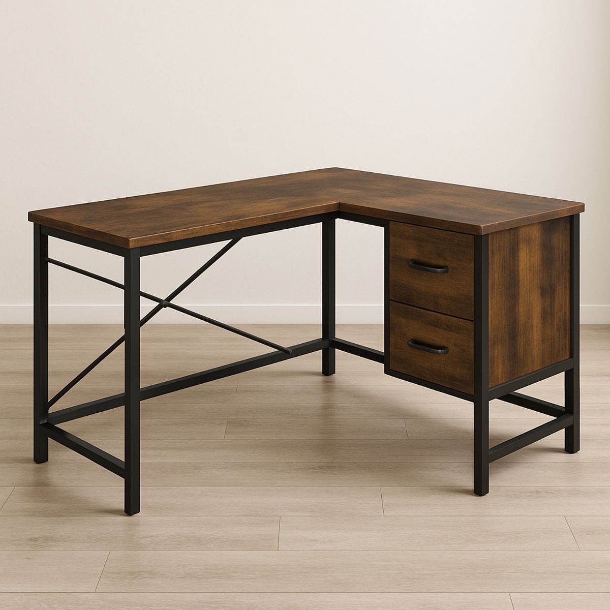 Mesa de Canto em L de Madeira e Metal com Gavetas