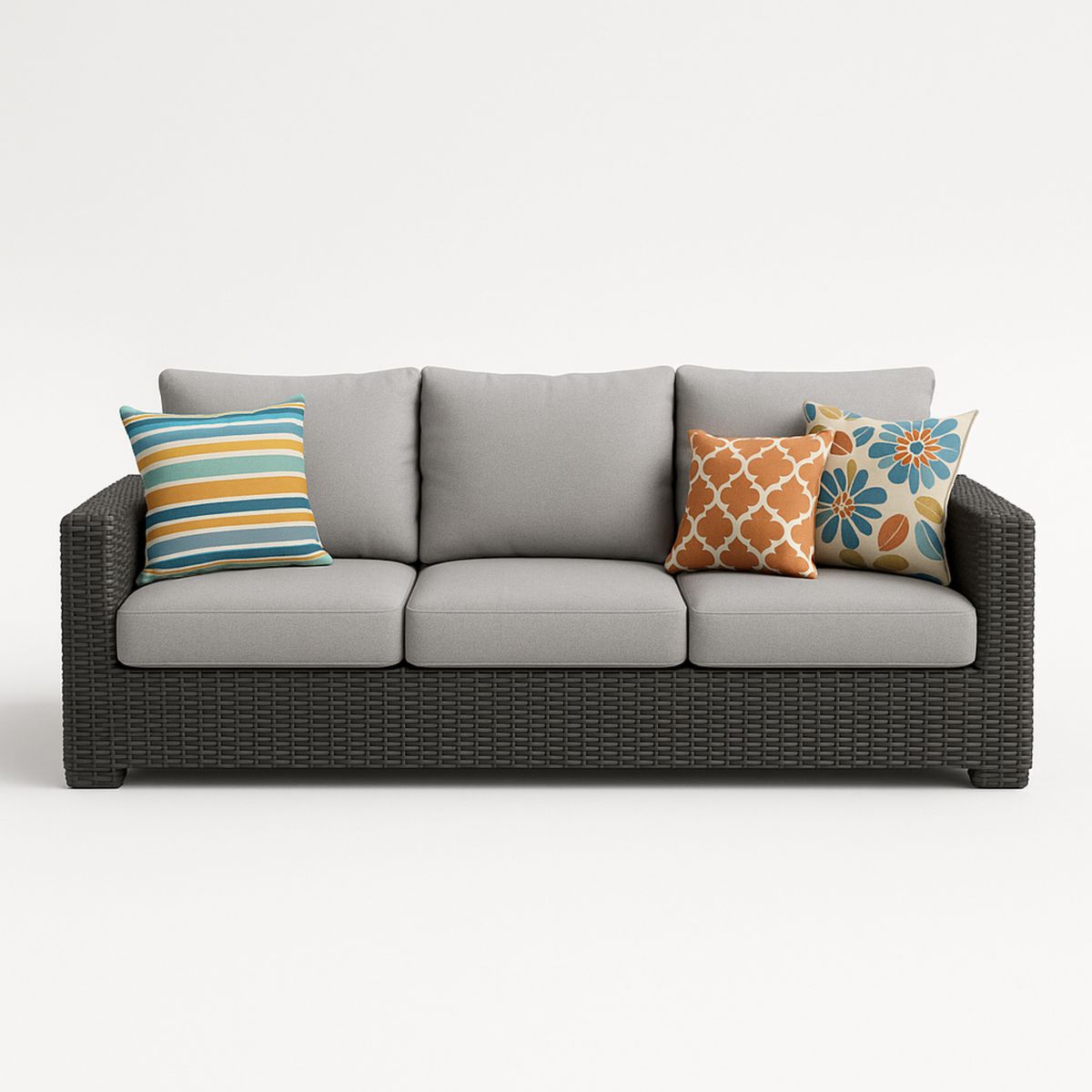 Sofá Trançado em Rattan Sintético com Almofadas Decorativas Cinza