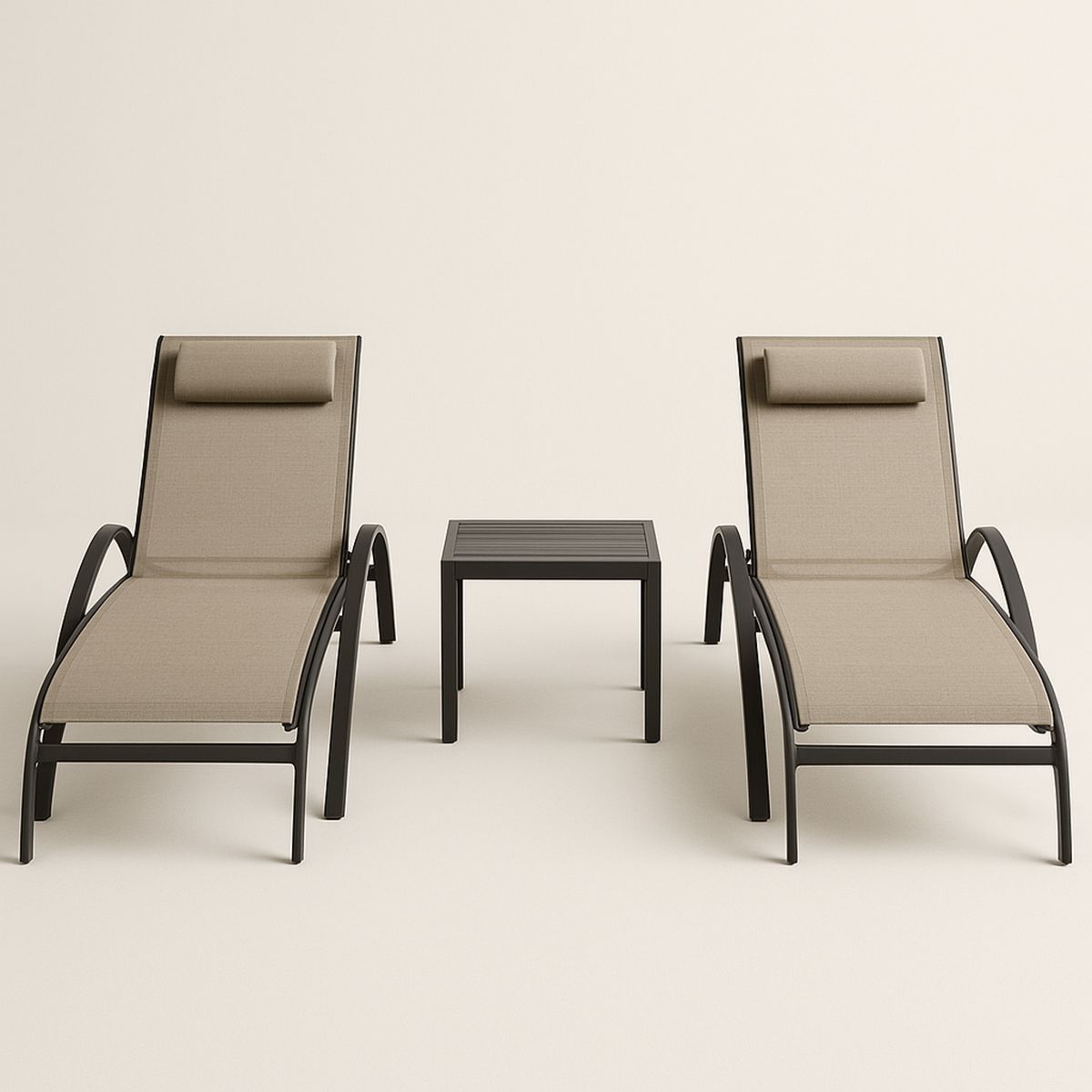 Conjunto de Espreguiçadeiras com Almofadas Ajustáveis e Mesa em Alumínio e Tecido Bege