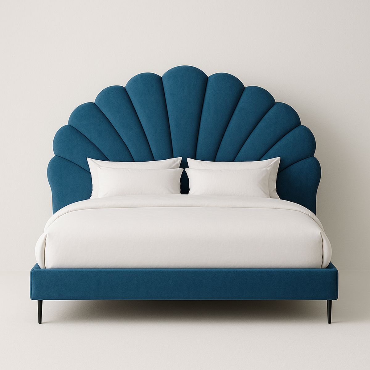 Cama de Casal com Cabeceira em Formato de Concha Azul Veludo Estrutura Metal 200x160cm