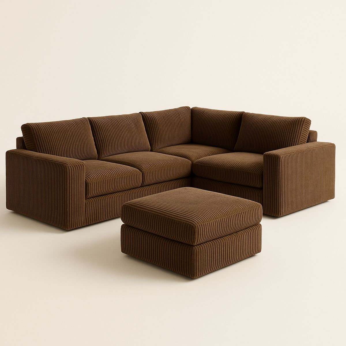 Sofá Seccional Modular Marrom em Poliéster com Pufe