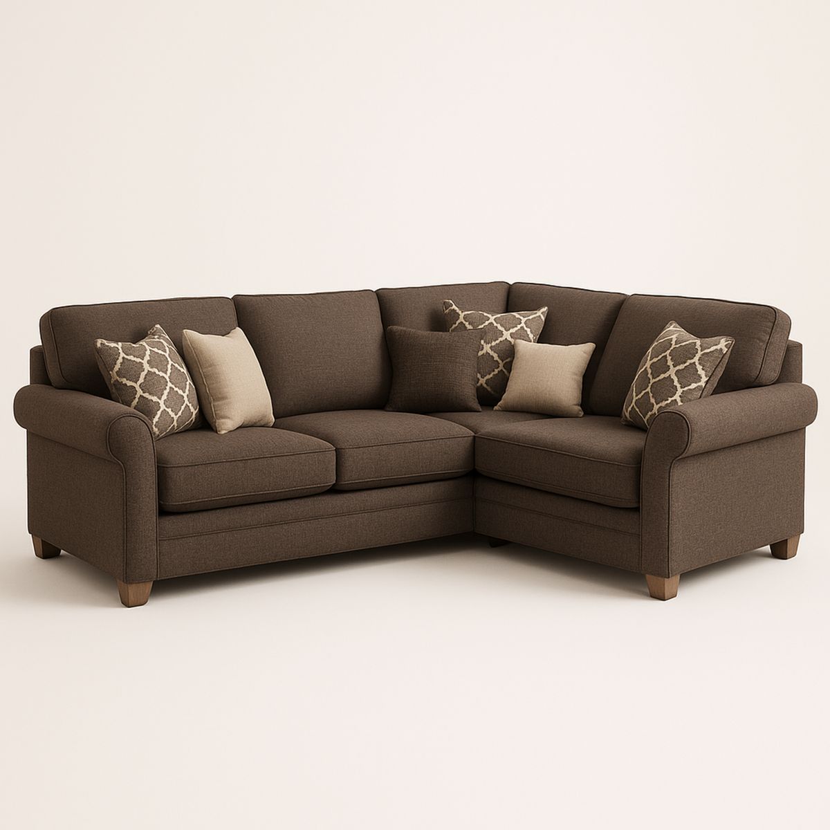 Sofá Seccional em Tecido e Madeira com Almofadas