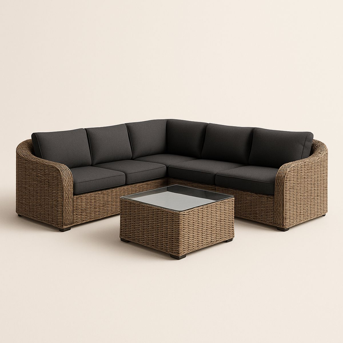 Conjunto de Sofá Seccional em Fibra Sintética com Almofadas Cinza Escuro e Mesa de Centro