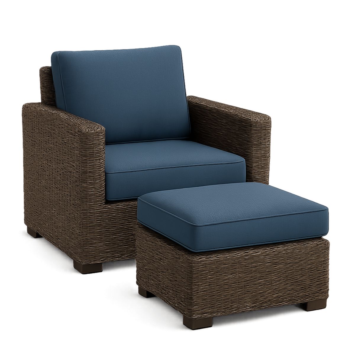 Conjunto de Poltrona e Pufe com Almofadas de Poliéster e Estrutura de Vime Sintético