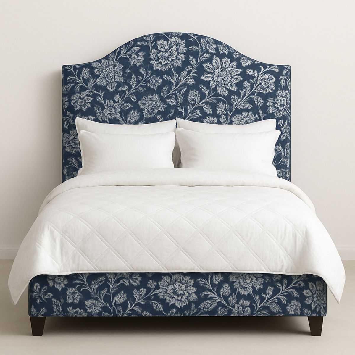 Cama de Madeira Estofada Floral Azul 160cm x 200cm