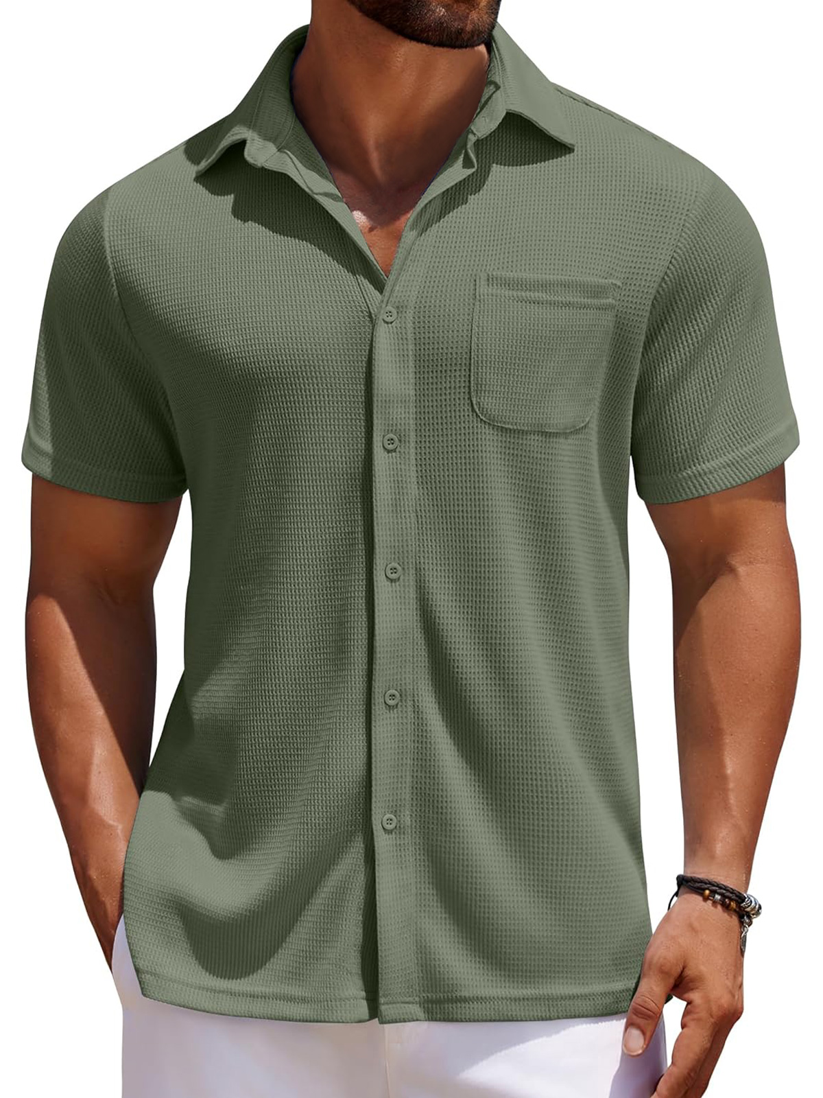 Men's Everyday Waffle Casual Pocket Solid Color Short Sleeve Shirt