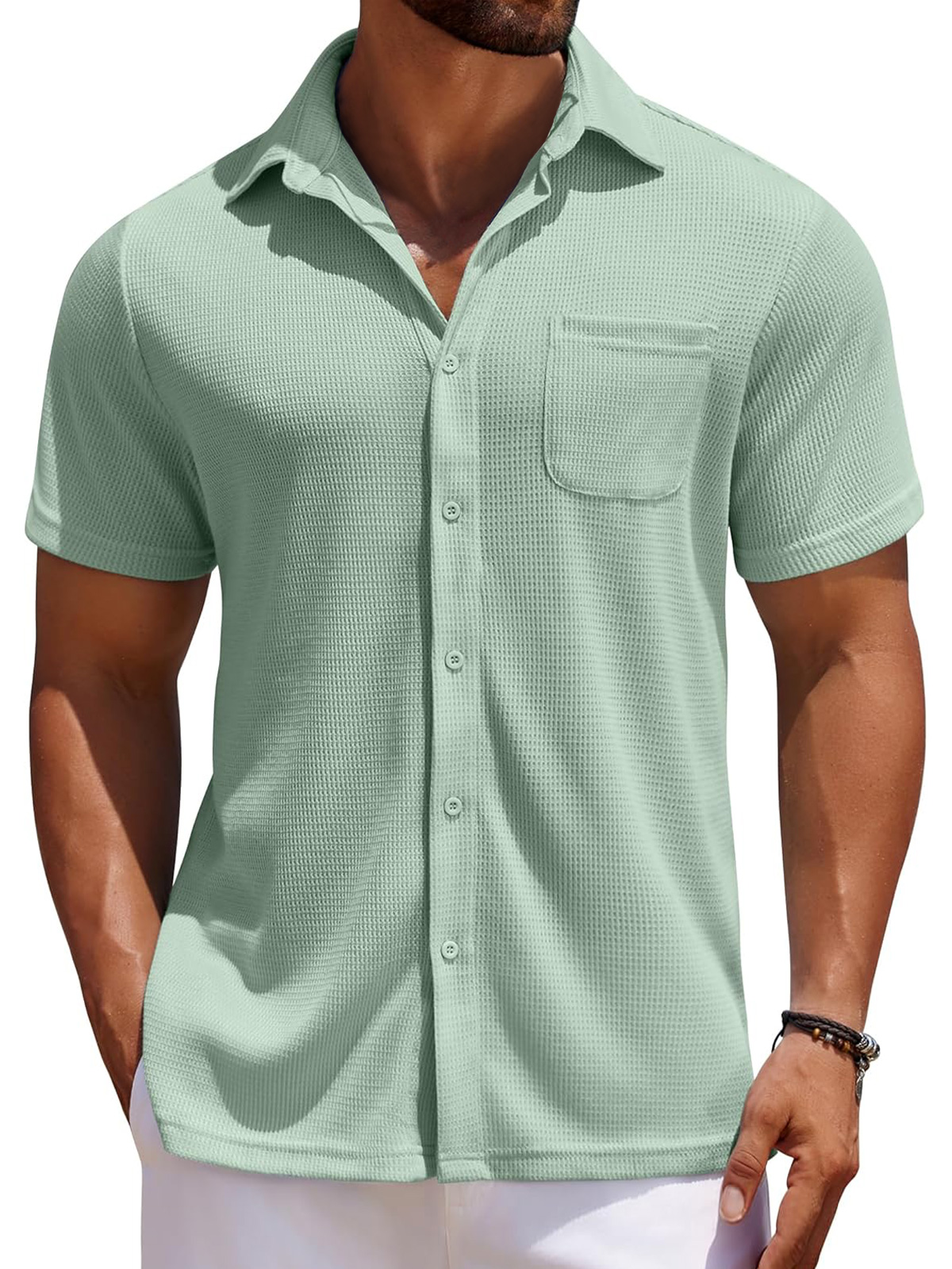 Men's Everyday Waffle Casual Pocket Solid Color Short Sleeve Shirt
