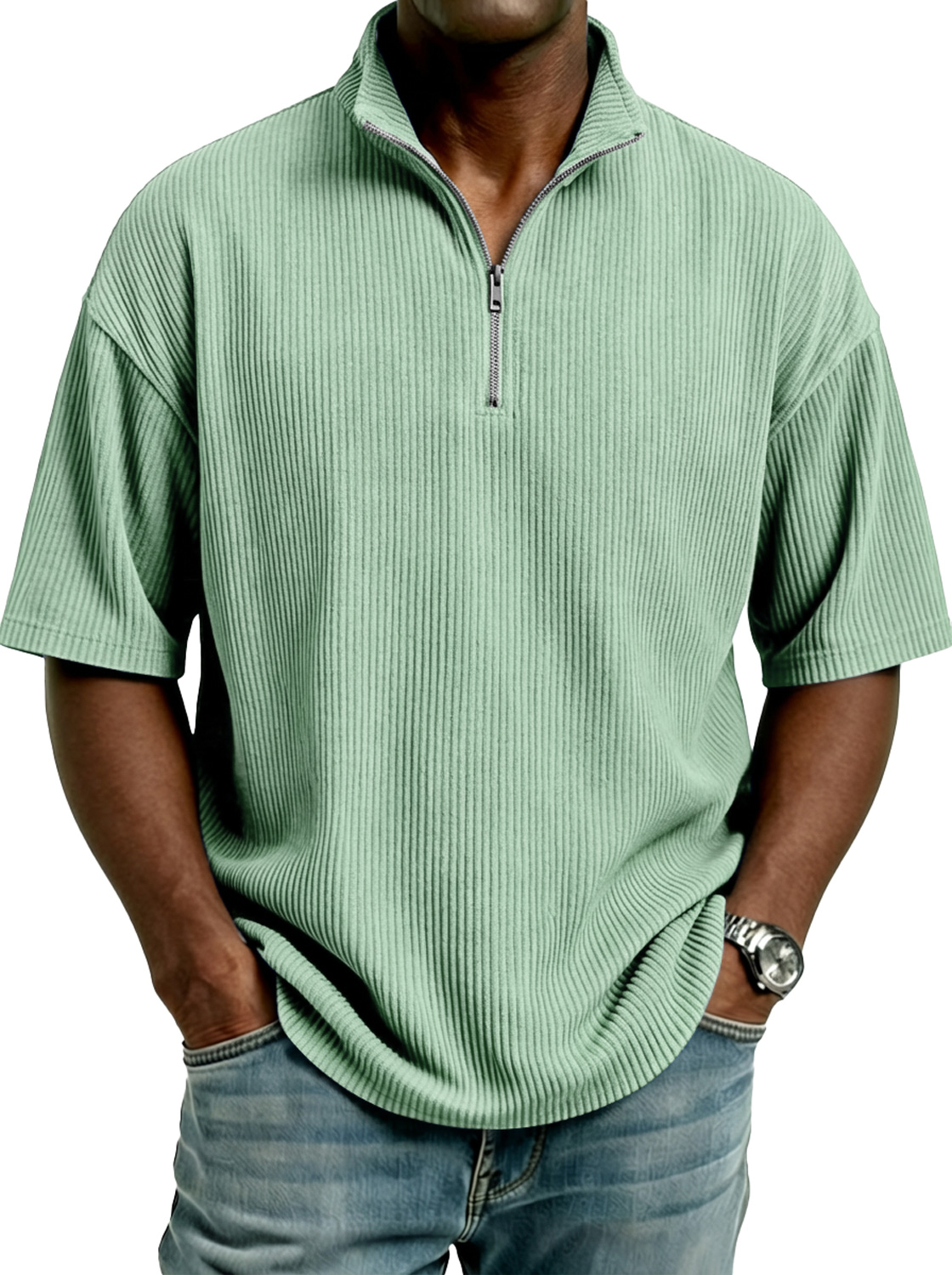 Men's Simple Corduroy Stand-collar Zip-up Casual Short-sleeved T-shirt