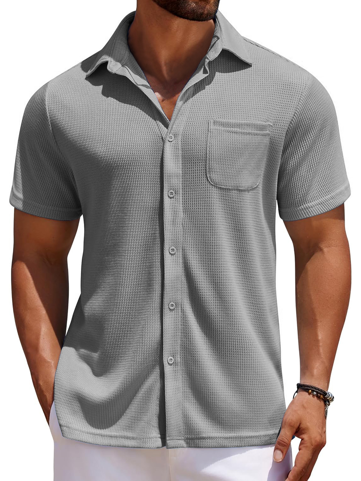 Men's Everyday Waffle Casual Pocket Solid Color Short Sleeve Shirt