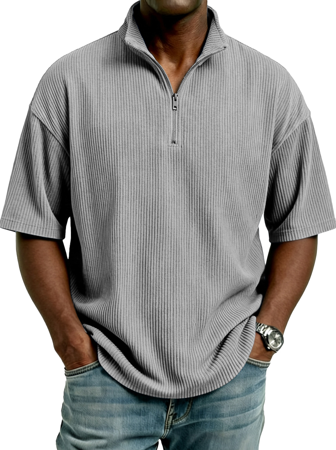 Men's Simple Corduroy Stand-collar Zip-up Casual Short-sleeved T-shirt