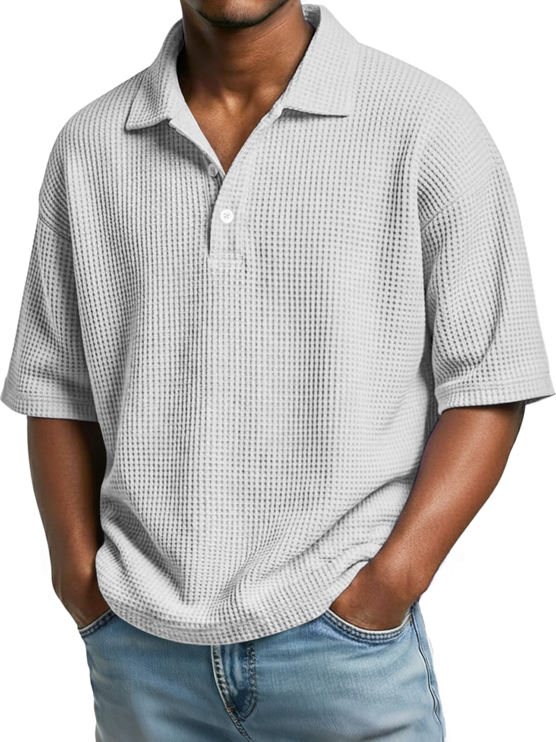 Mens Simple Waffle Knit Collar Button-Up Casual Short Sleeve Polo Shirt