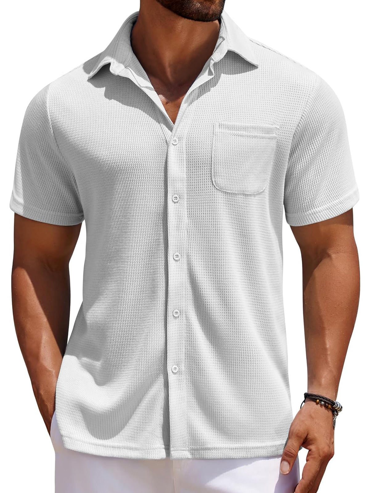 Men's Everyday Waffle Casual Pocket Solid Color Short Sleeve Shirt