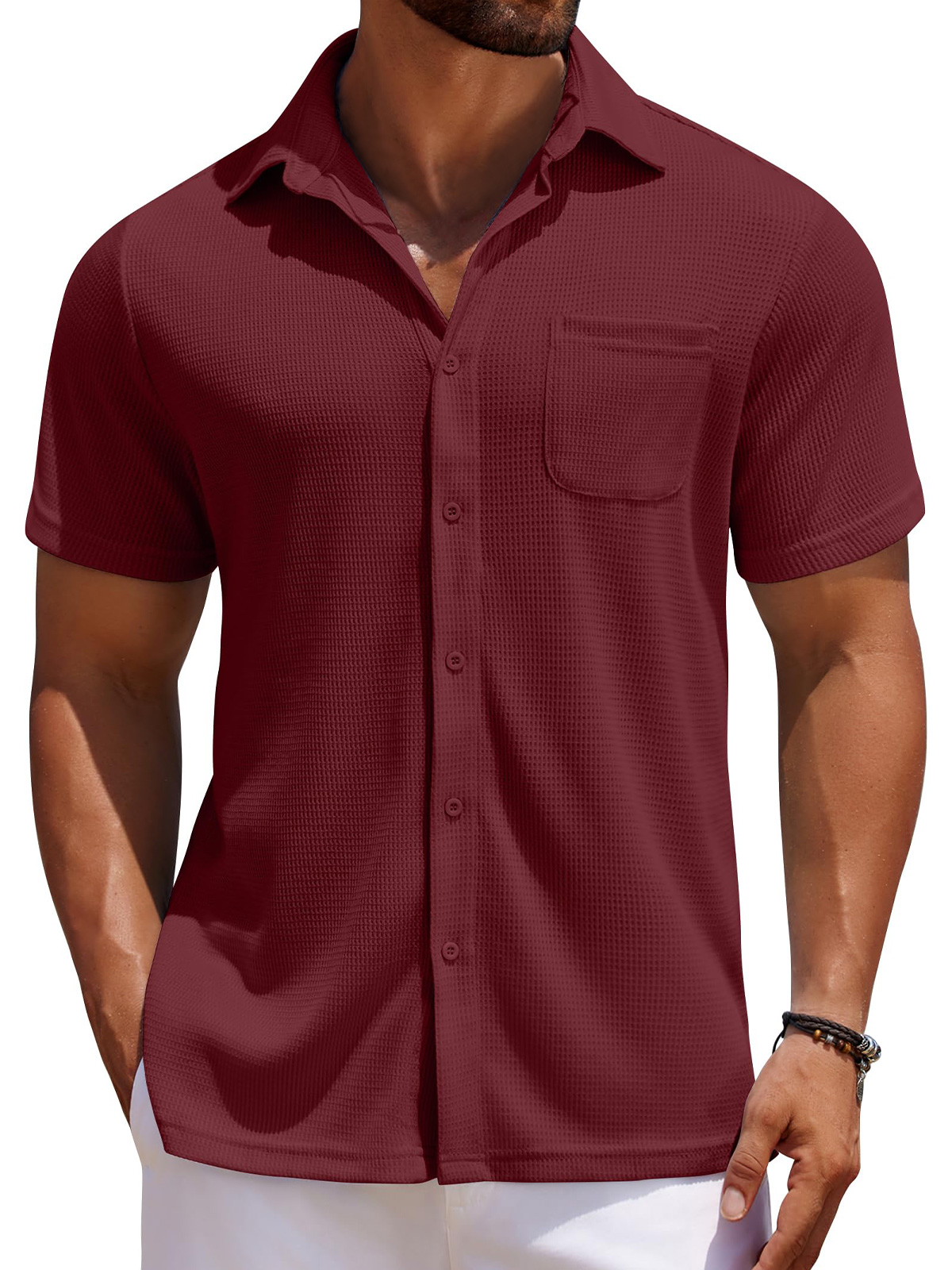 Men's Everyday Waffle Casual Pocket Solid Color Short Sleeve Shirt
