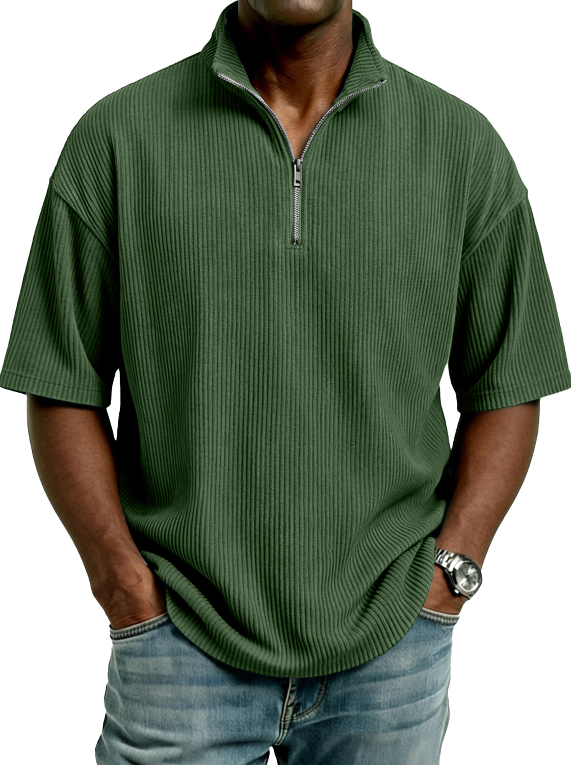 Men's Simple Corduroy Stand-collar Zip-up Casual Short-sleeved T-shirt