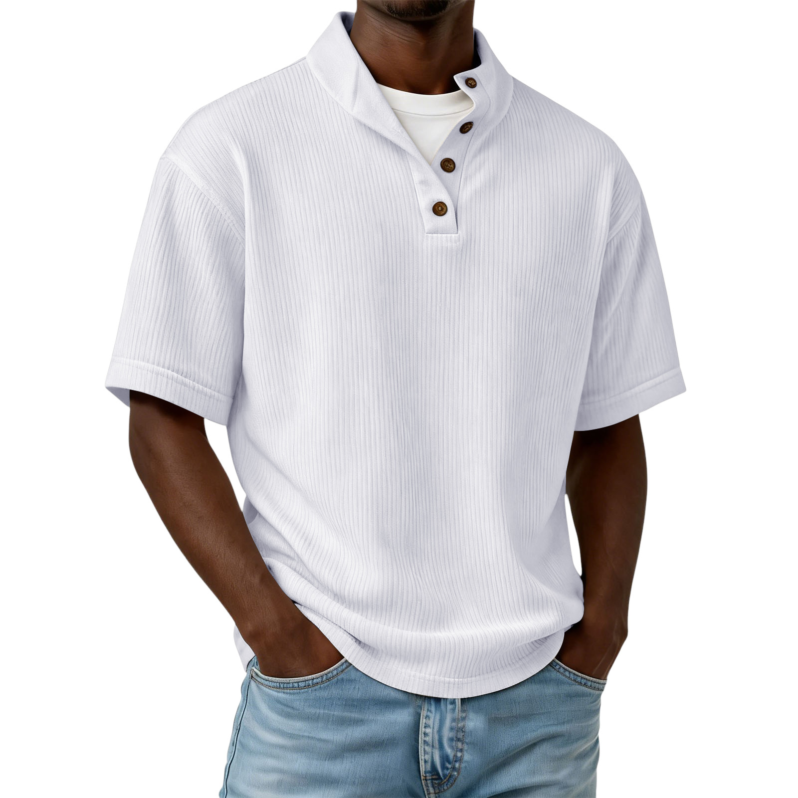 Men's Casual Solid Color Pleated Texture Short-sleeved Button Polo Shirt
