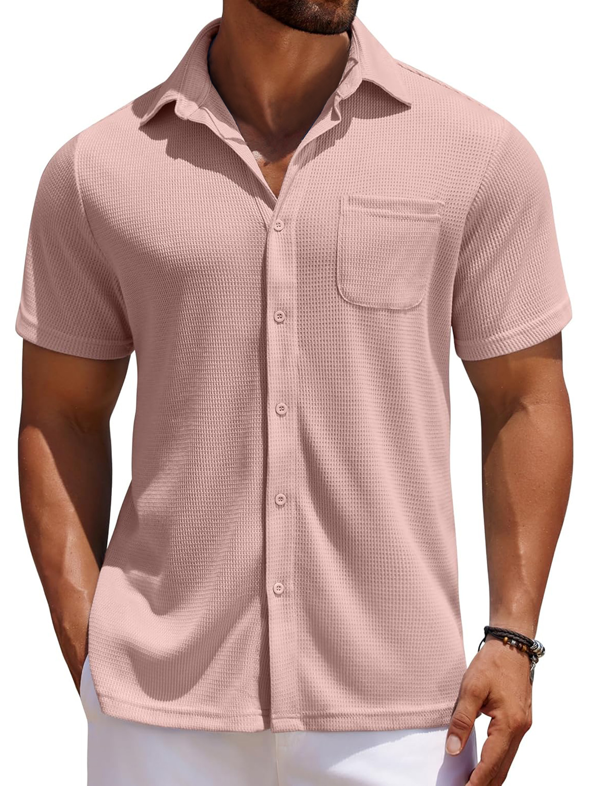 Men's Everyday Waffle Casual Pocket Solid Color Short Sleeve Shirt