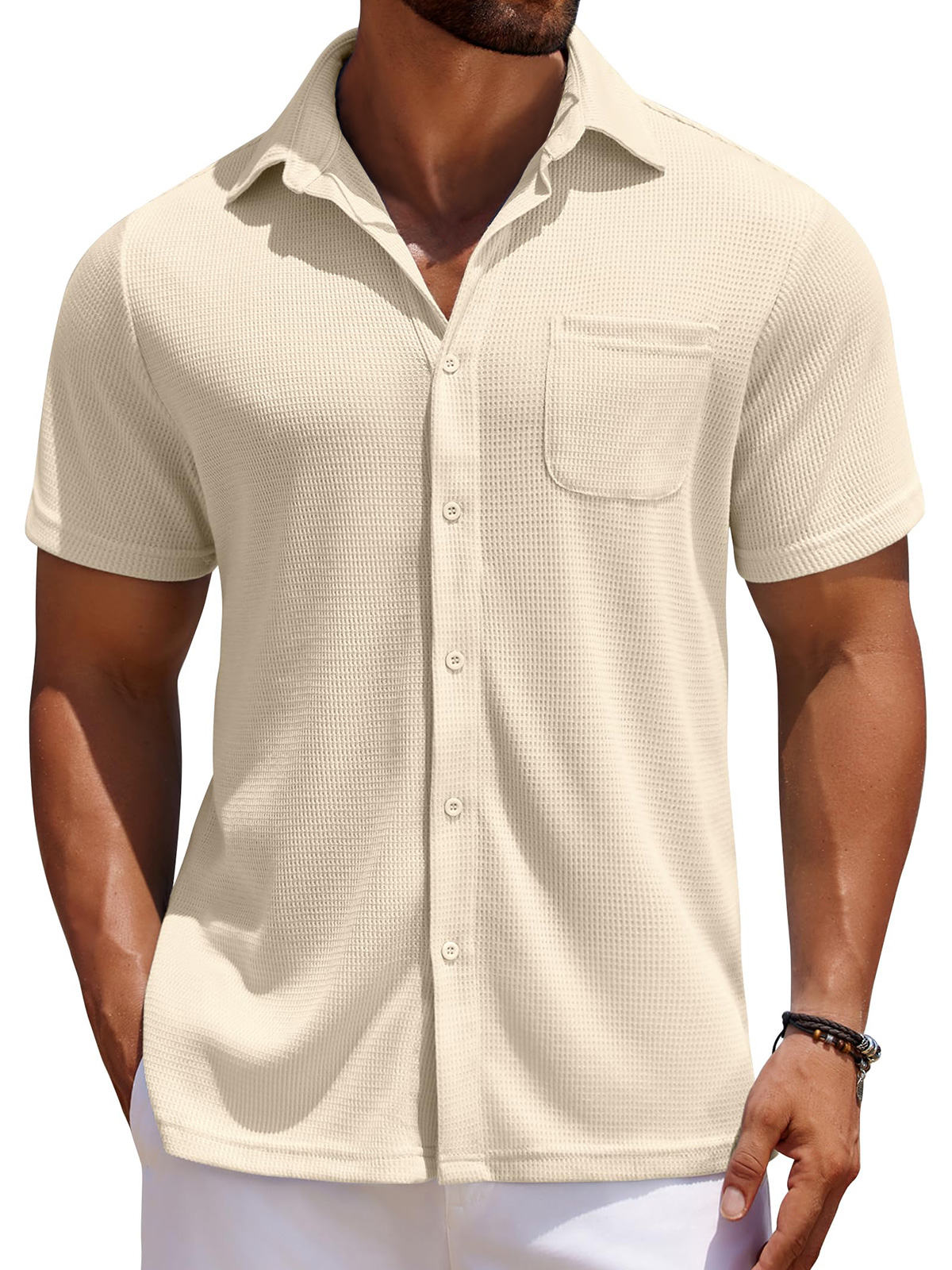 Men's Everyday Waffle Casual Pocket Solid Color Short Sleeve Shirt