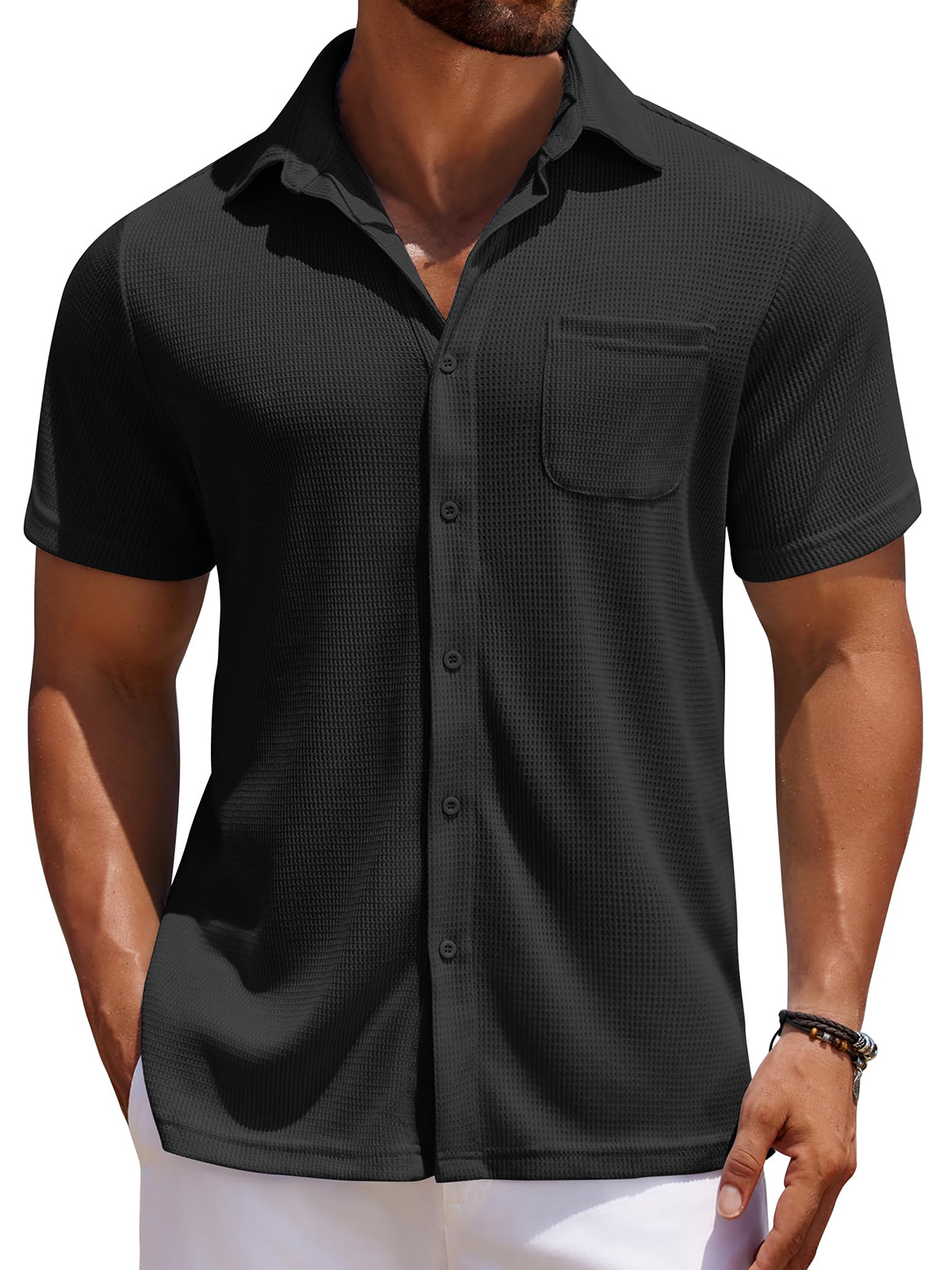 Men's Everyday Waffle Casual Pocket Solid Color Short Sleeve Shirt
