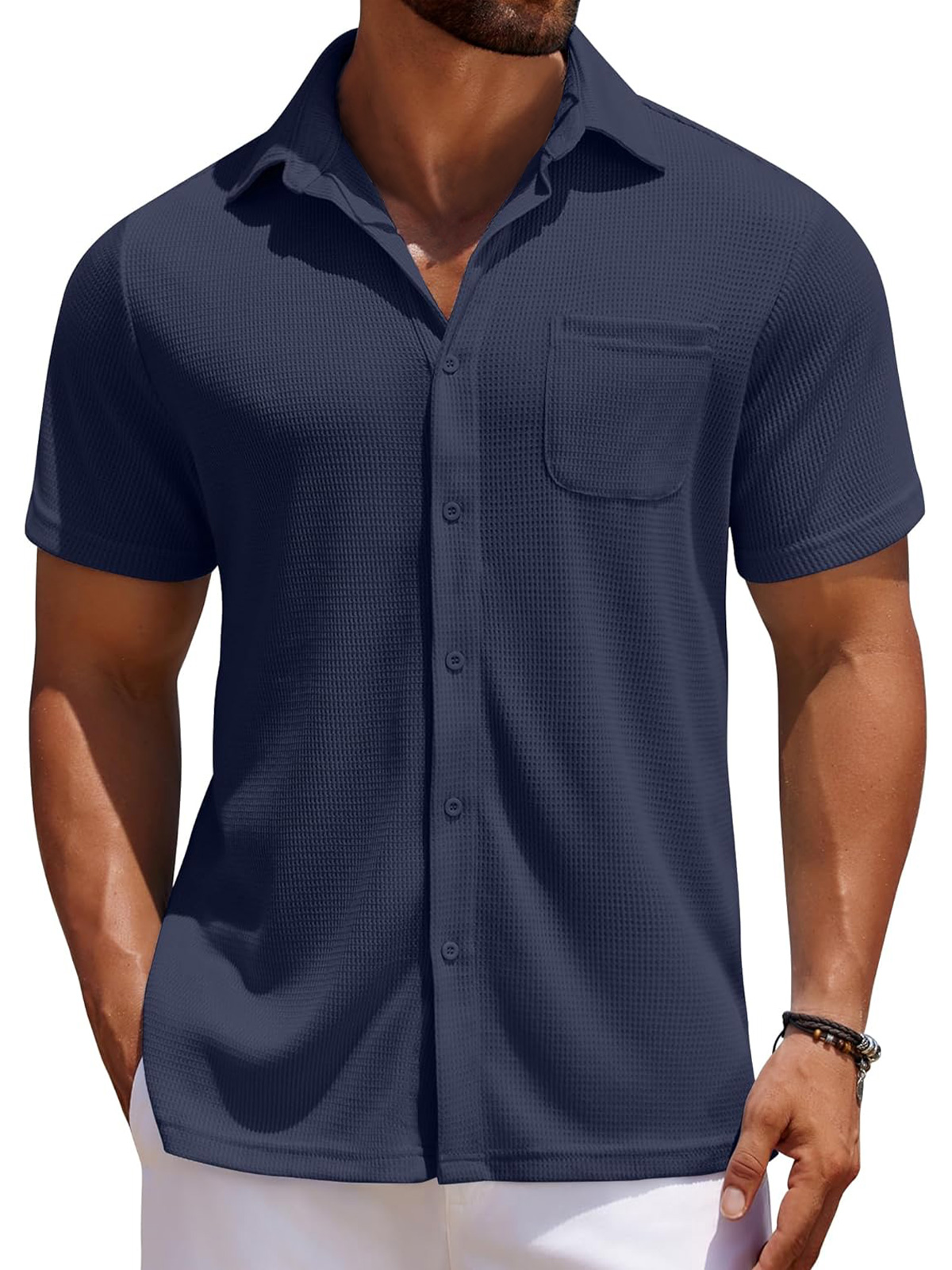 Men's Everyday Waffle Casual Pocket Solid Color Short Sleeve Shirt