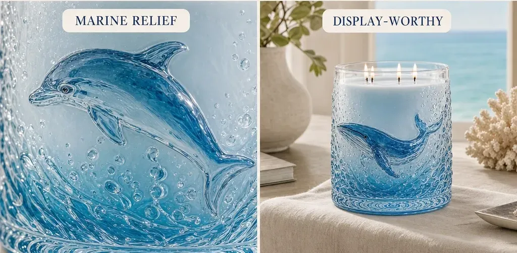 Four-panel detail collage showing dolphin and whale candles, embossed wave glass, marine relief and three-wick construction