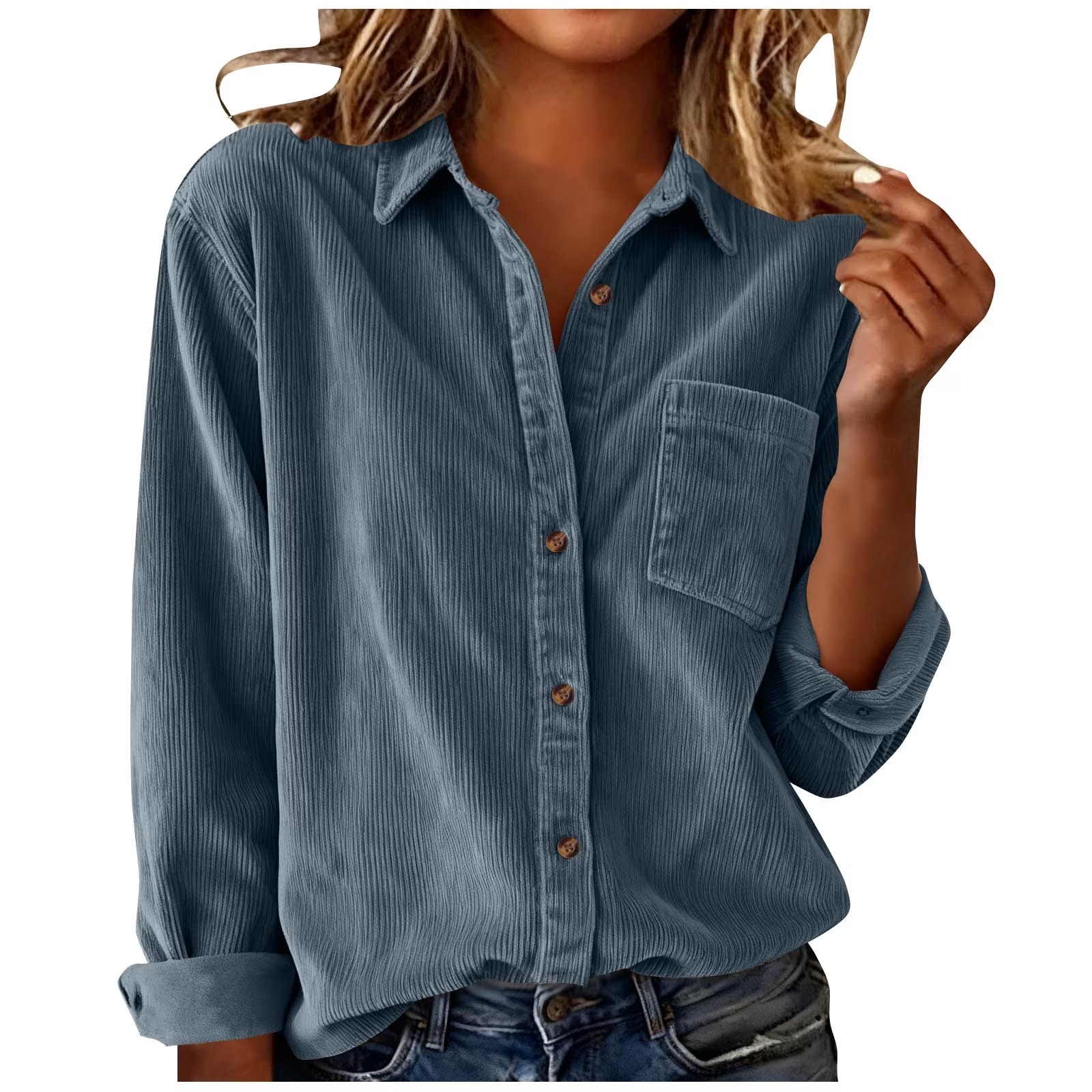 Womens Corduroy Button Down Shirts Casual Long Sleeve Tops Fall Winter Lapel Collar Fashion Loose Fit Cute Blouses with Pocket