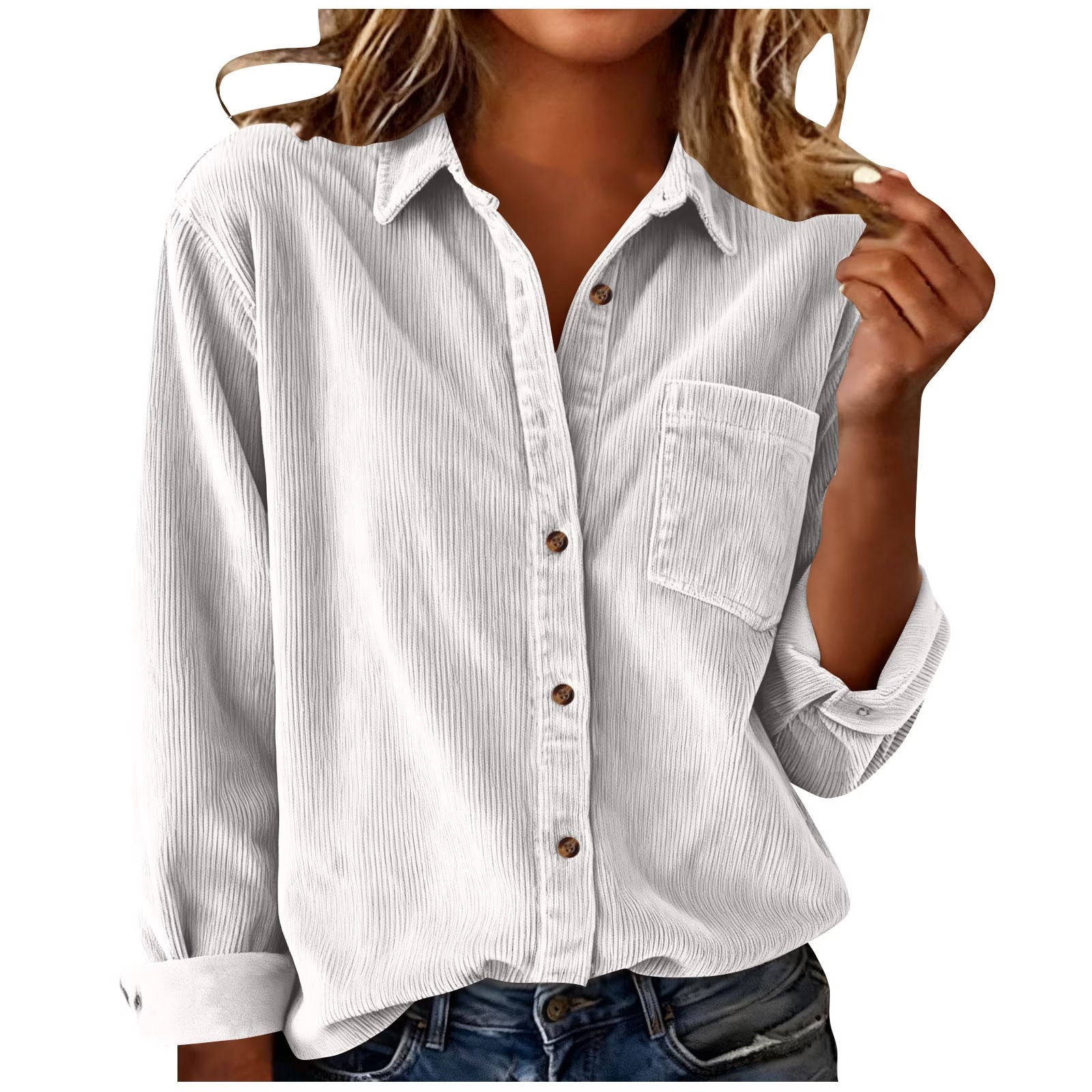 Womens Corduroy Button Down Shirts Casual Long Sleeve Tops Fall Winter Lapel Collar Fashion Loose Fit Cute Blouses with Pocket